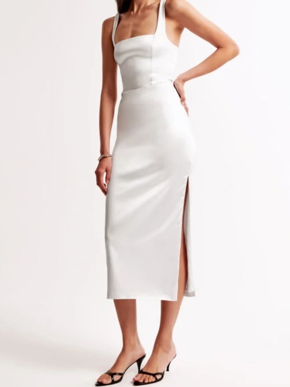 Pearl White Sculpting Stretch Satin Dress Wedding Formal Events Party Dance